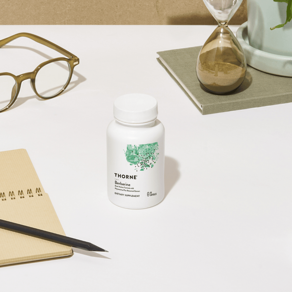 Thorne Berberine (Dual Action) by Thorne, berberine capsules in premium supplement bottle with front label packaging.