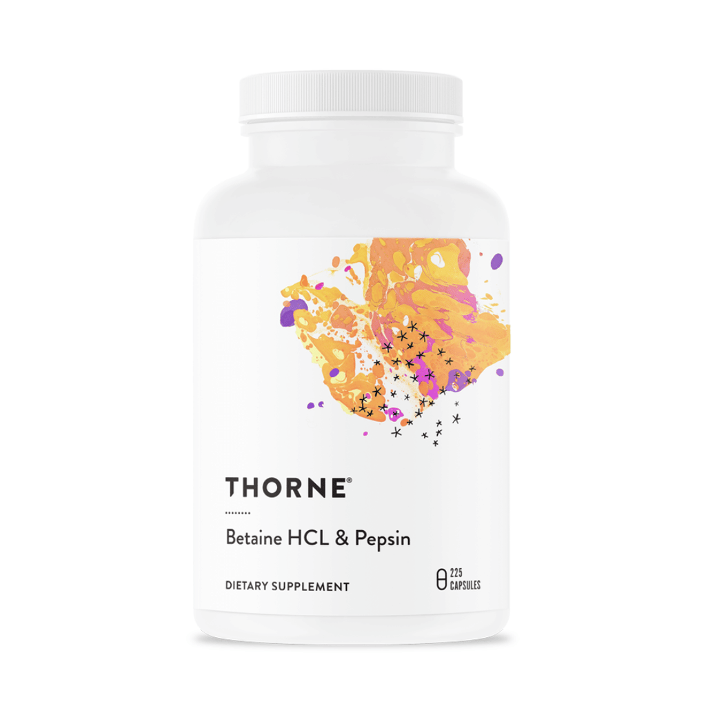 Thorne Betaine HCL & Pepsin by Thorne, betaine HCl and pepsin capsules in premium supplement bottle packaging.