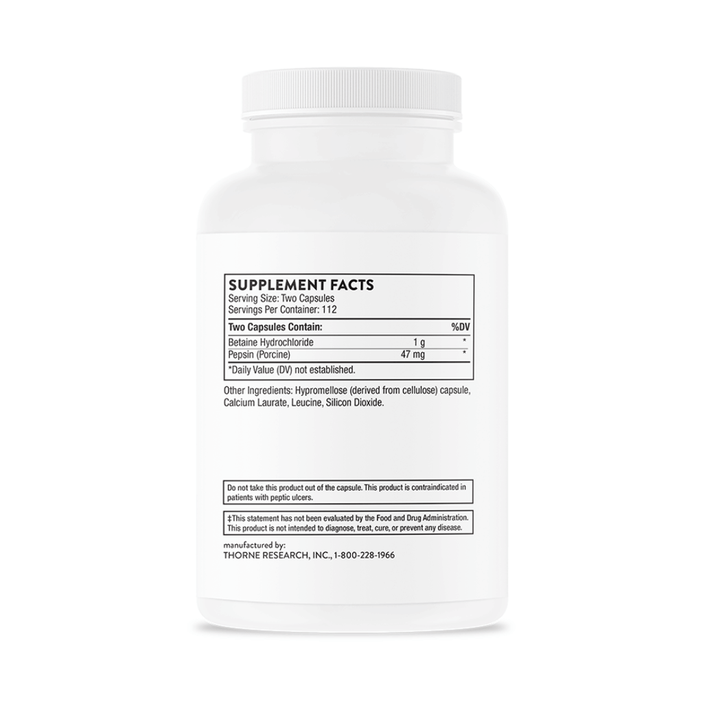 Thorne Betaine HCL & Pepsin by Thorne, betaine HCl and pepsin capsules in premium supplement bottle packaging.
