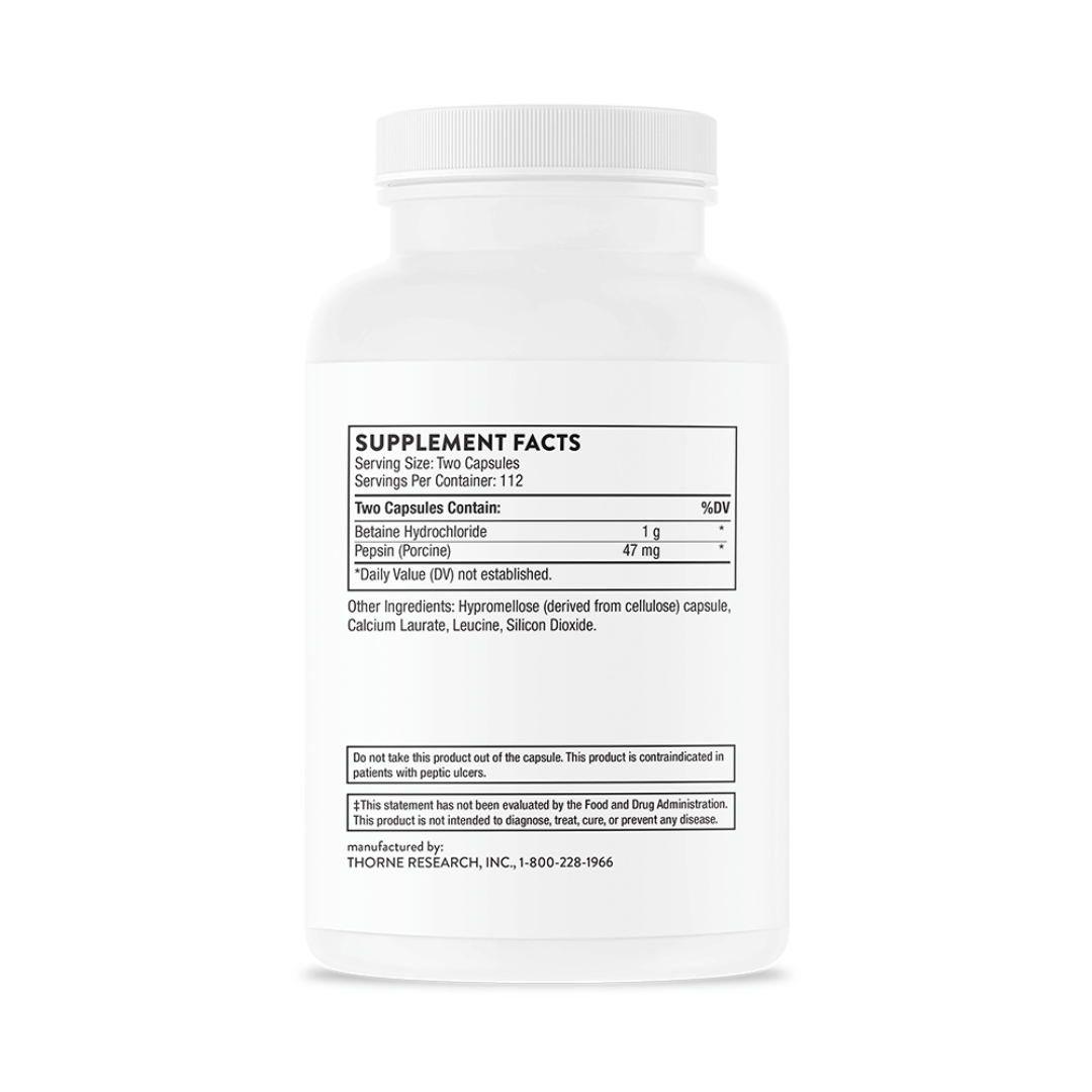 Thorne Betaine HCL & Pepsin by Thorne, betaine HCl and pepsin capsules in premium supplement bottle packaging.