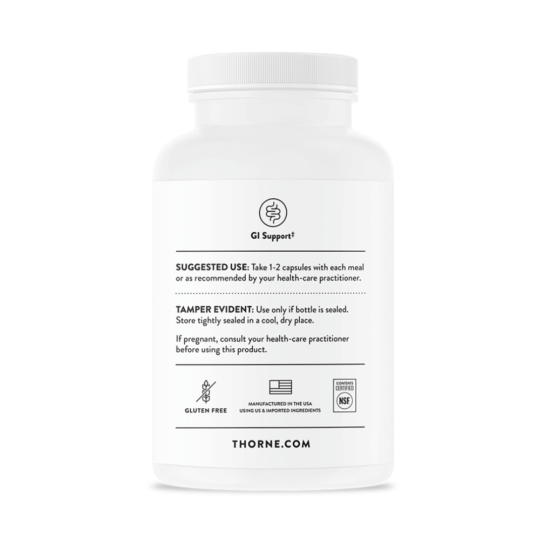 Thorne Betaine HCL & Pepsin by Thorne, betaine HCl and pepsin capsules in premium supplement bottle packaging.