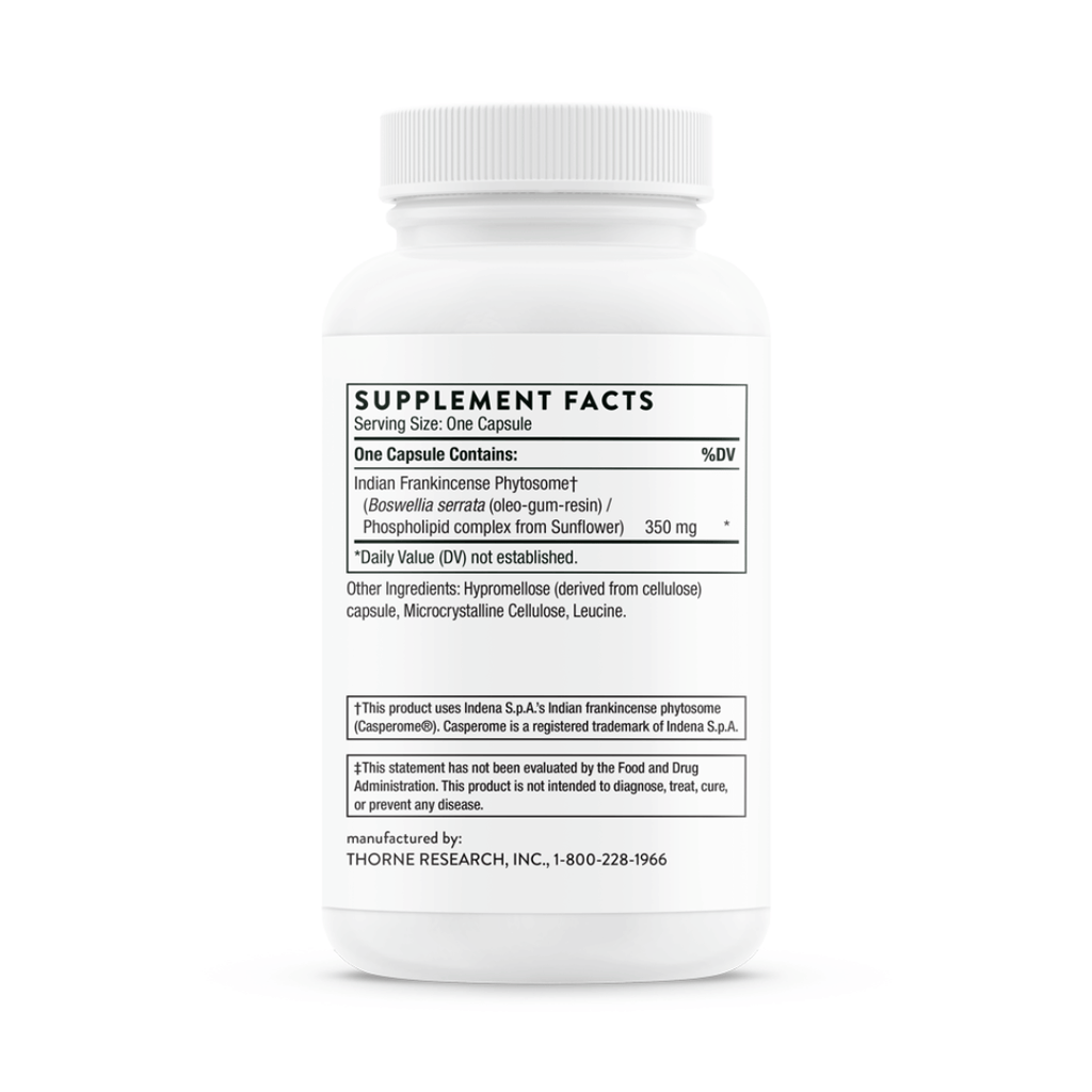 Thorne Boswellia Phytosome by Thorne, boswellia phytosome capsules in premium supplement bottle with front label packaging.