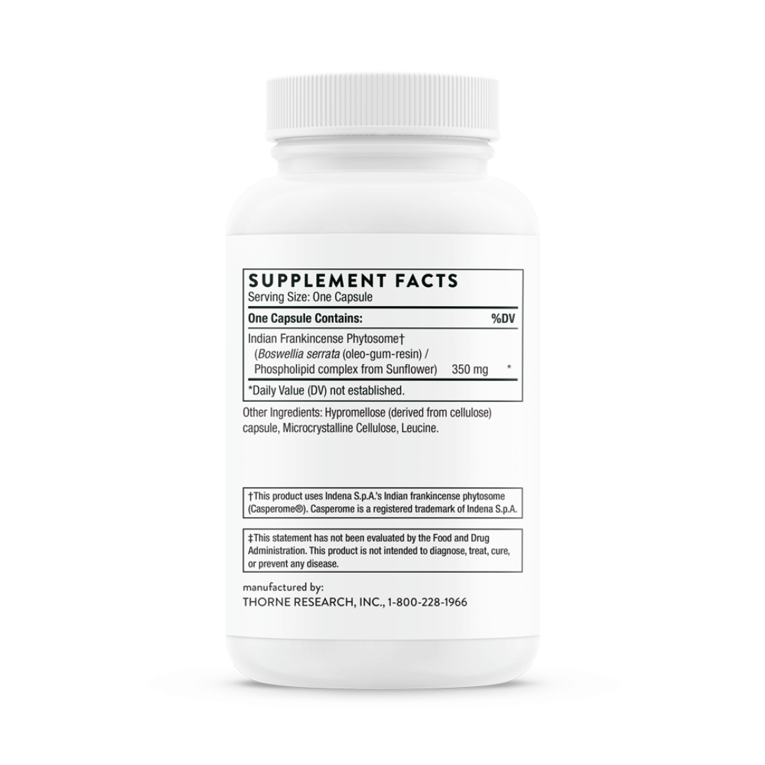 Thorne Boswellia Phytosome by Thorne, boswellia phytosome capsules in premium supplement bottle with front label packaging.