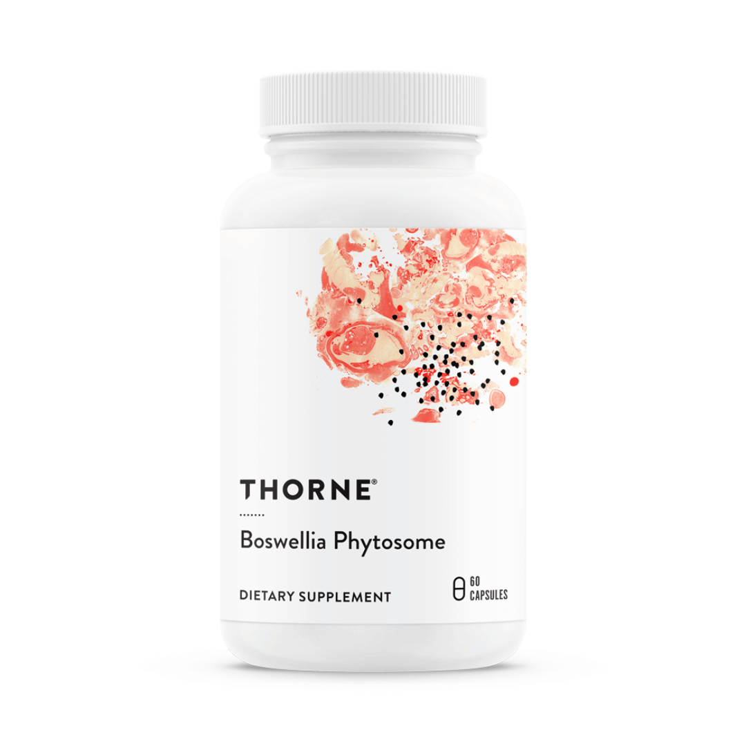 Thorne Boswellia Phytosome by Thorne, boswellia phytosome capsules in premium supplement bottle with front label packaging.