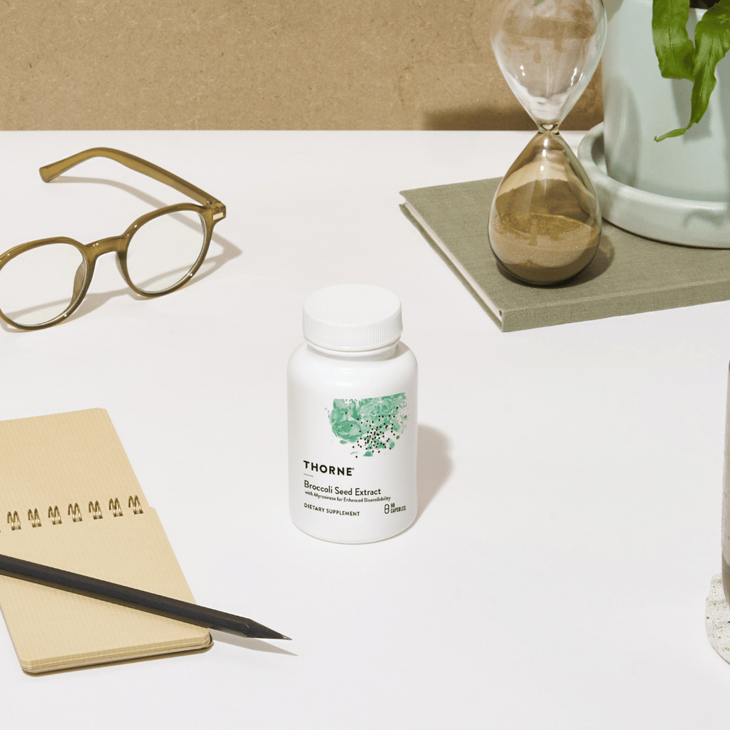 Thorne Broccoli Seed Extract by Thorne, 60 capsules featuring broccoli seed extract in a premium supplement bottle