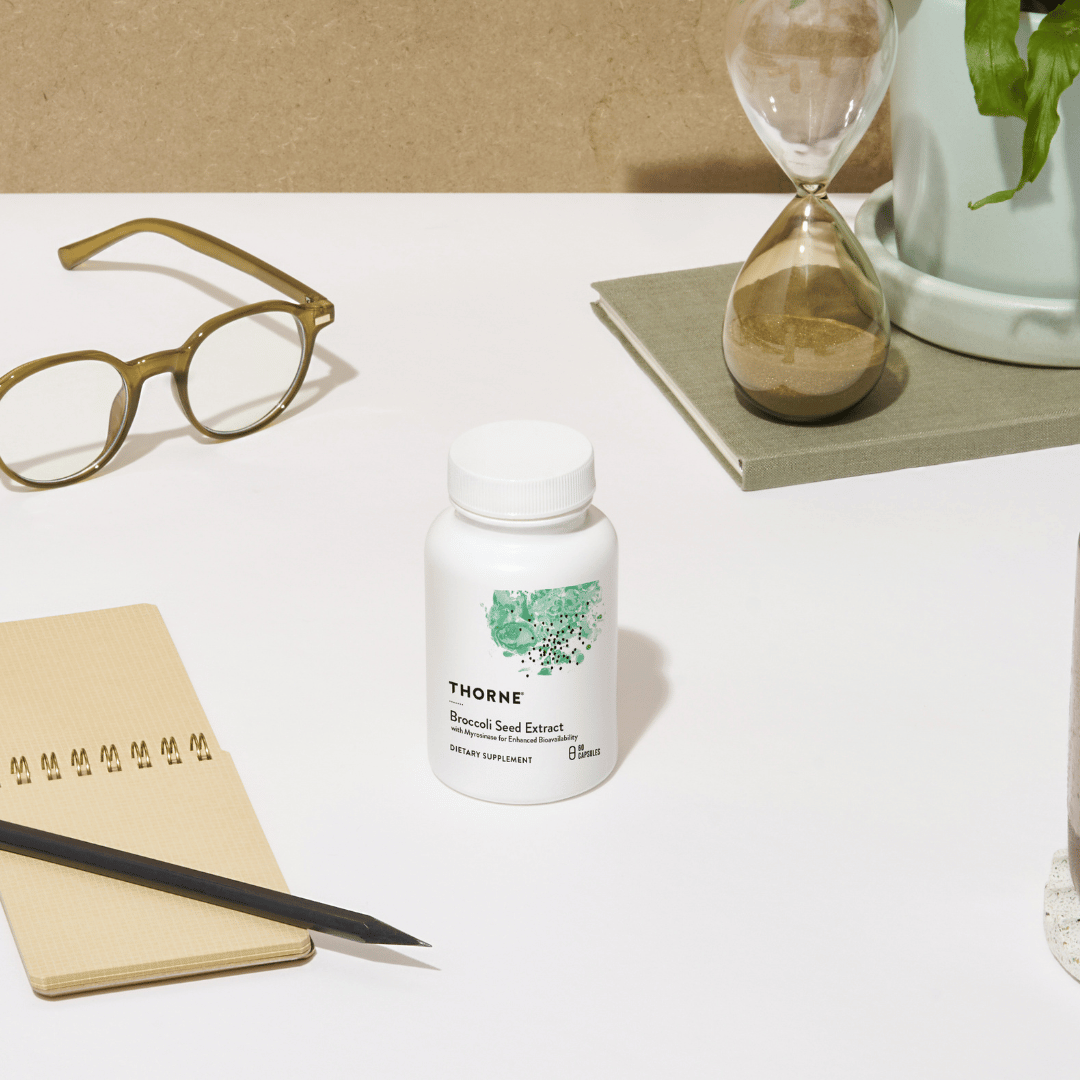 Thorne Broccoli Seed Extract by Thorne, 60 capsules featuring broccoli seed extract in a premium supplement bottle