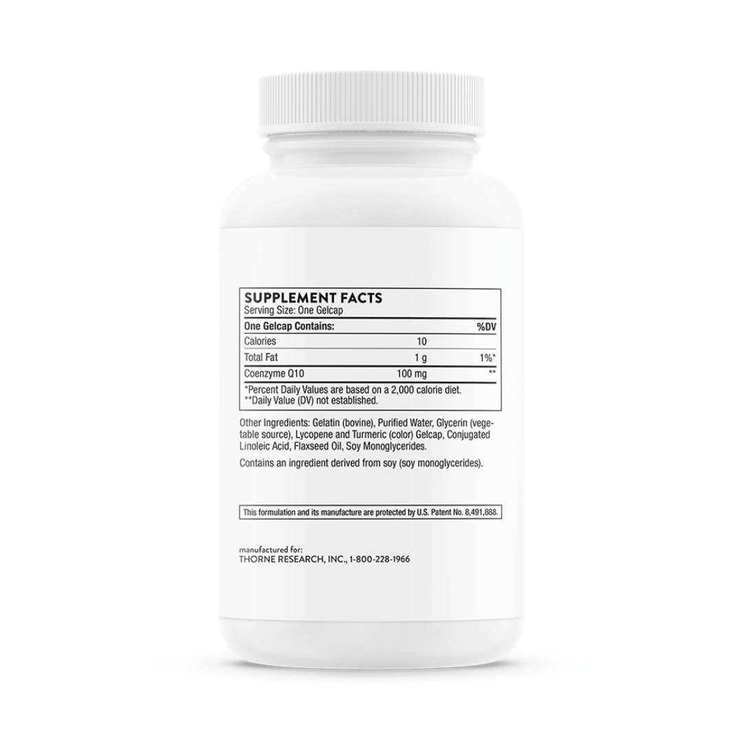Thorne CoQ10 by Thorne, 60 capsule dietary supplement bottle providing 100 mg coenzyme Q10 in a premium capsule format