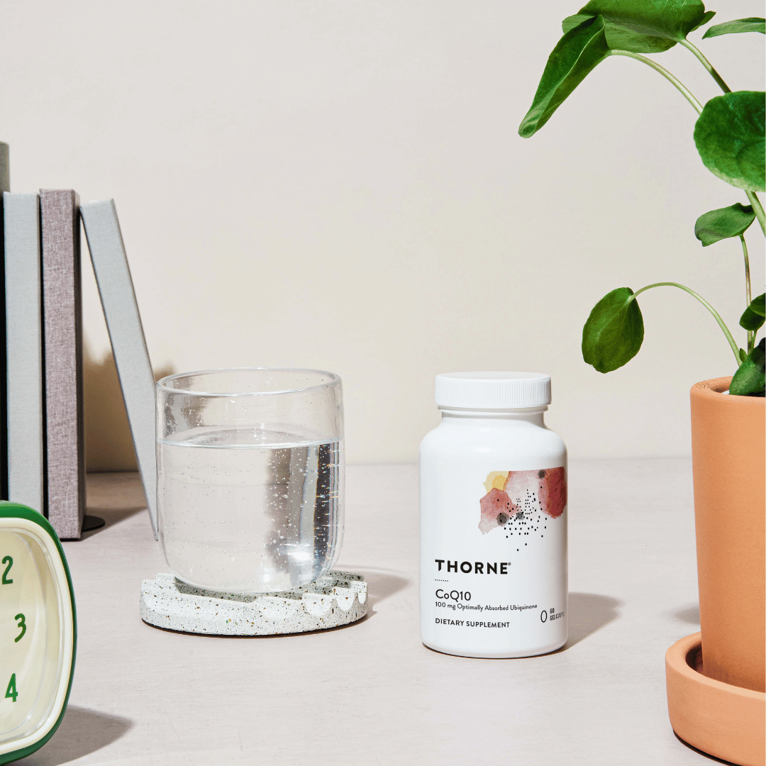 Thorne CoQ10 by Thorne, 60 capsule dietary supplement bottle providing 100 mg coenzyme Q10 in a premium capsule format
