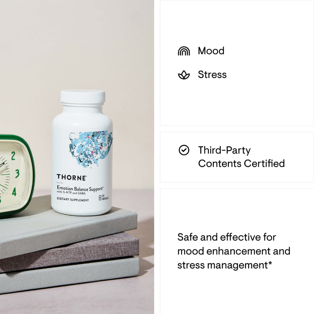 Thorne Emotional Balance Support capsules with GABA, active B vitamins and botanical extracts for mood and stress support.