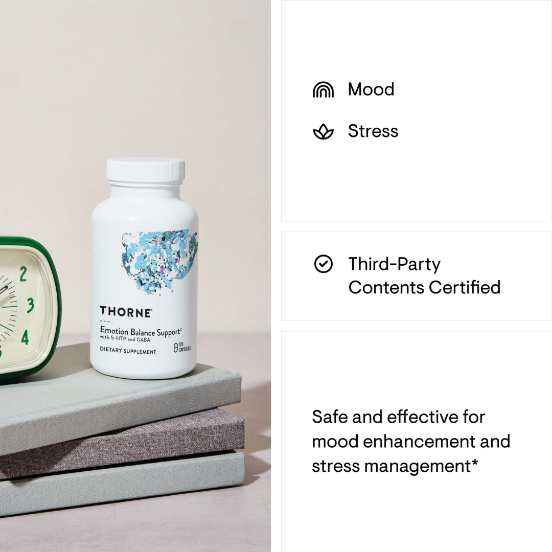 Thorne Emotional Balance Support capsules with GABA, active B vitamins and botanical extracts for mood and stress support.