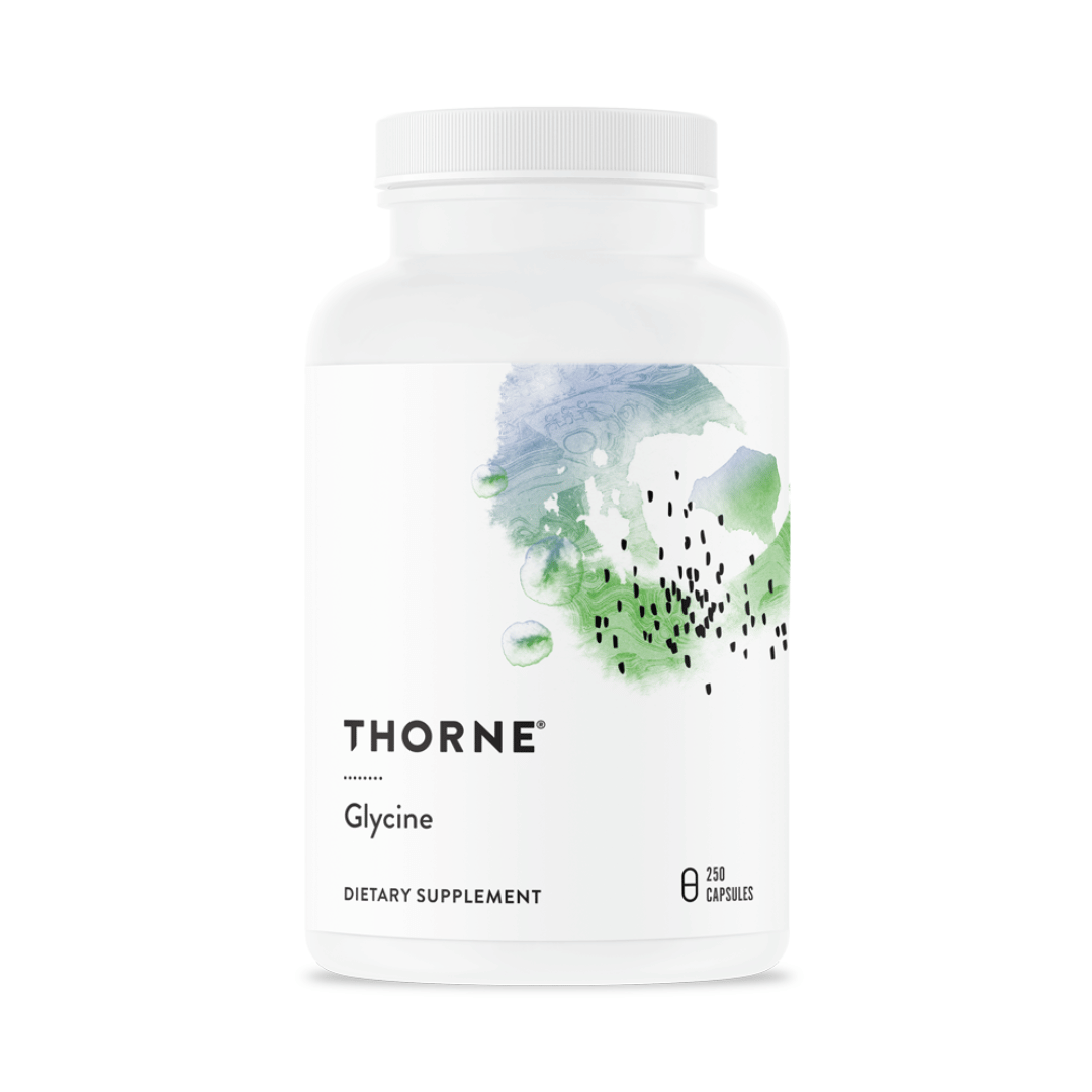 Thorne Glycine by Thorne, 250 capsule glycine amino acid supplement bottle providing 1 g per serving
