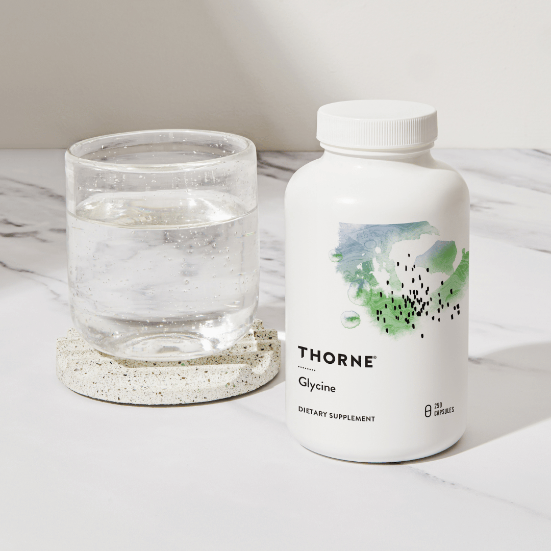 Thorne Glycine by Thorne, 250 capsule glycine amino acid supplement bottle providing 1 g per serving