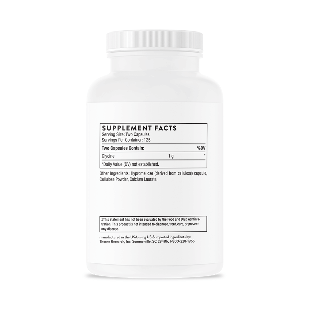 Thorne Glycine by Thorne, 250 capsule glycine amino acid supplement bottle providing 1 g per serving