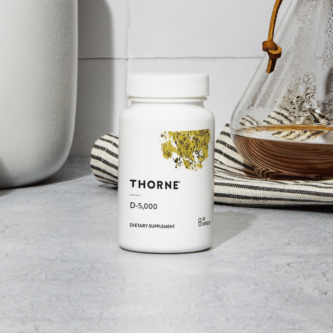 Thorne Vitamin D 5,000 IU by Thorne, vitamin D3 supplement capsules in a premium bottle, 120 capsules