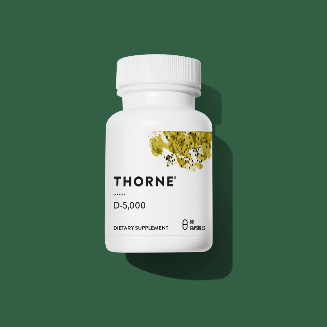 Thorne Vitamin D 5,000 IU by Thorne, vitamin D3 supplement capsules in a premium bottle, 60 capsules