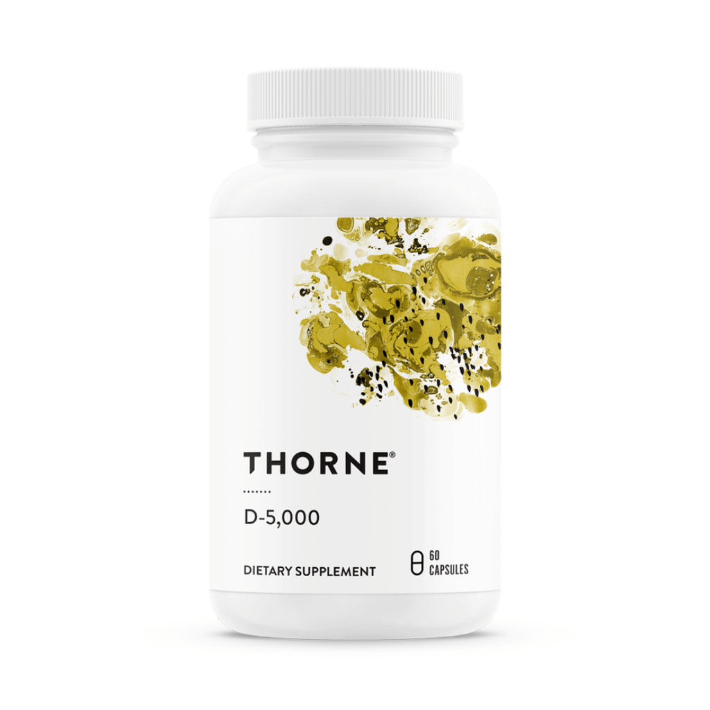 Thorne Vitamin D 5,000 IU by Thorne, vitamin D3 supplement capsules in a premium bottle, 60 capsules