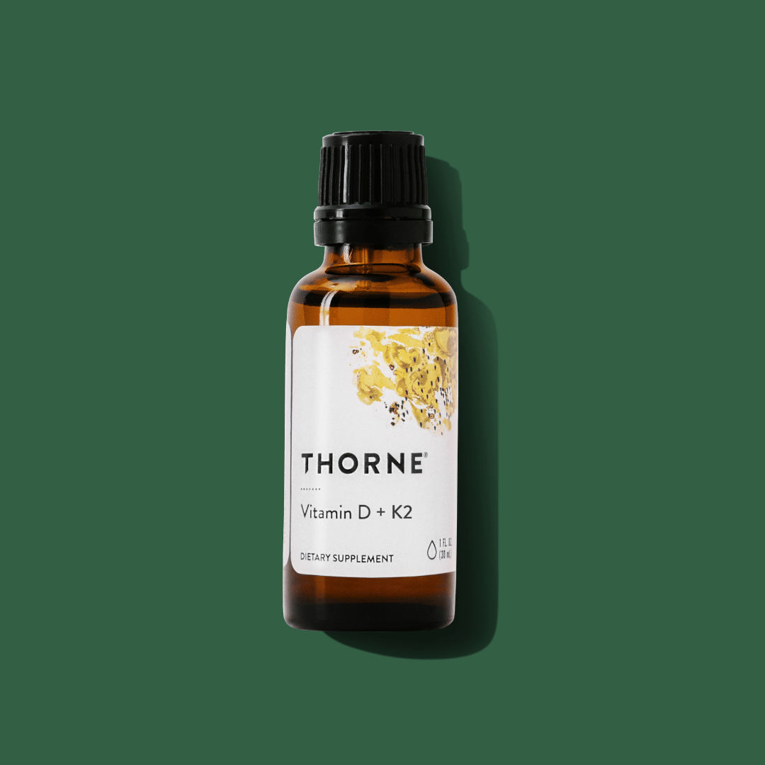 Thorne Vitamin D + K2 Liquid by Thorne, liquid vitamin D3 and vitamin K2 supplement in a dropper bottle