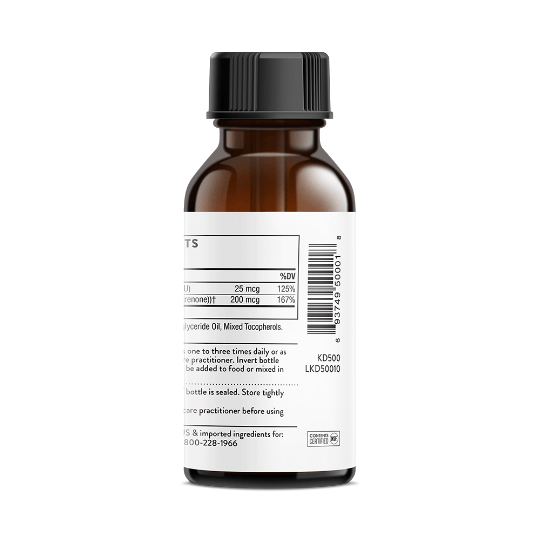 Thorne Vitamin D + K2 Liquid by Thorne, liquid vitamin D3 and vitamin K2 supplement in a dropper bottle