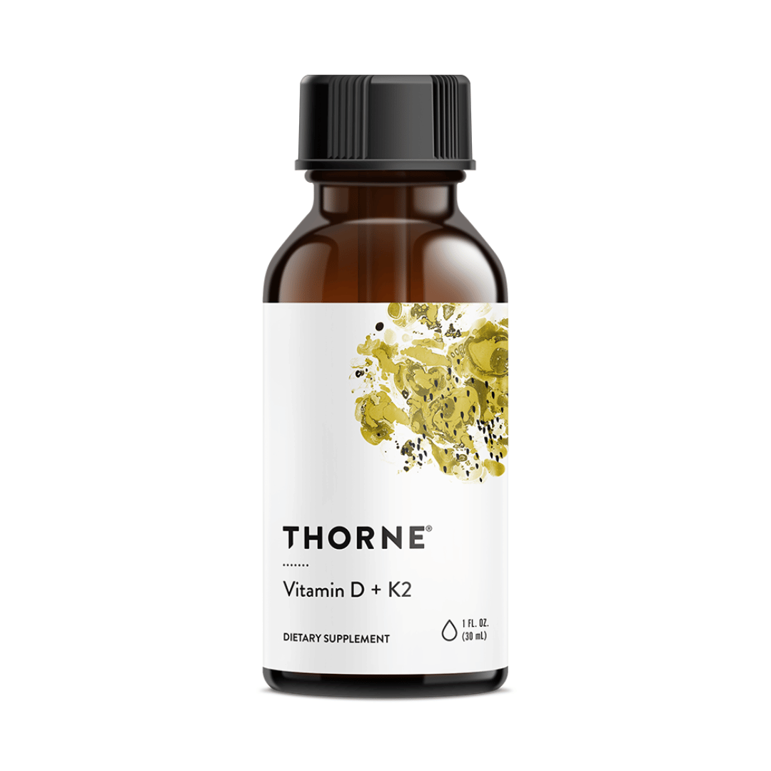 Thorne Vitamin D + K2 Liquid by Thorne, liquid vitamin D3 and vitamin K2 supplement in a dropper bottle