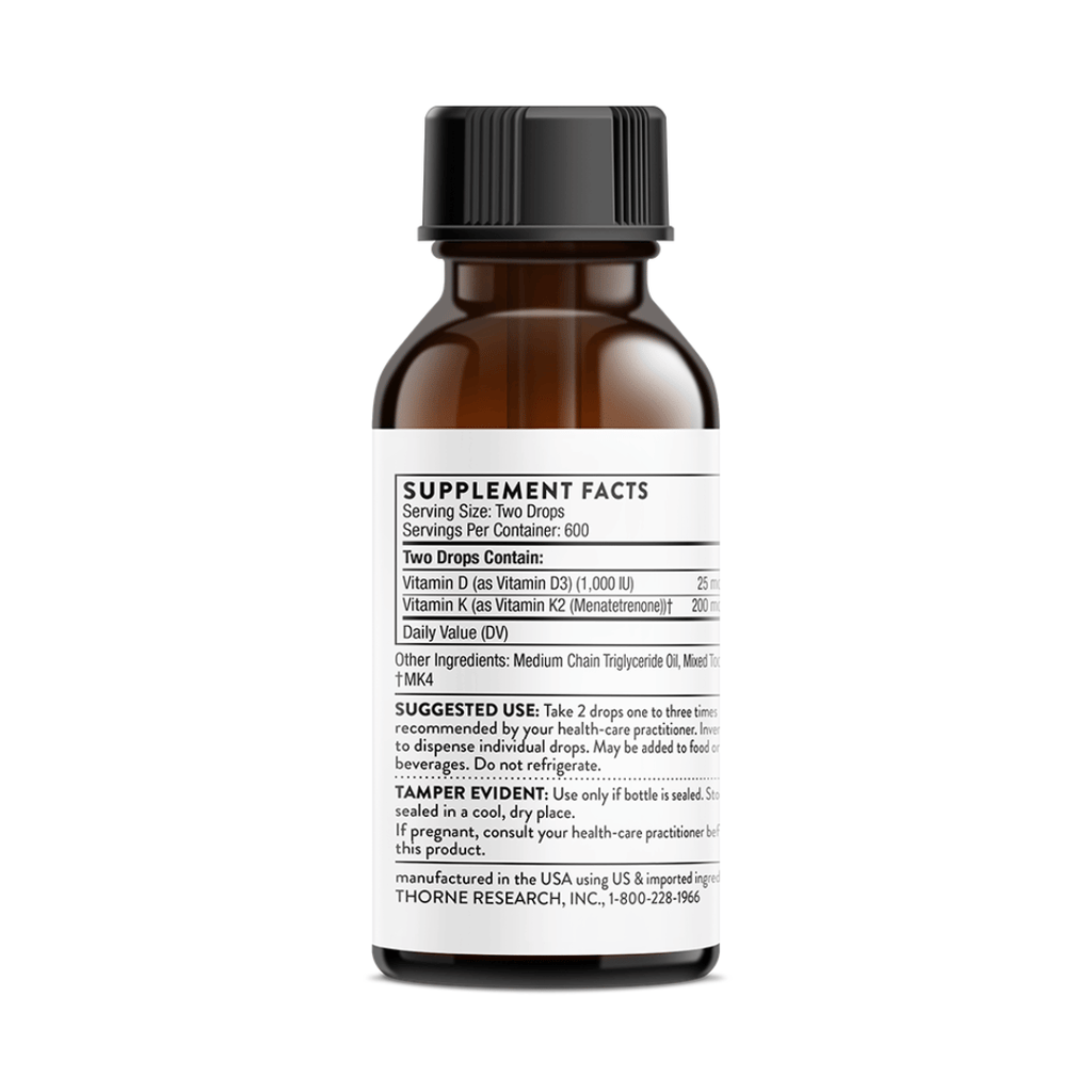 Thorne Vitamin D + K2 Liquid by Thorne, liquid vitamin D3 and vitamin K2 supplement in a dropper bottle