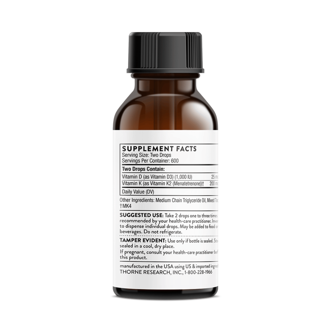 Thorne Vitamin D + K2 Liquid by Thorne, liquid vitamin D3 and vitamin K2 supplement in a dropper bottle