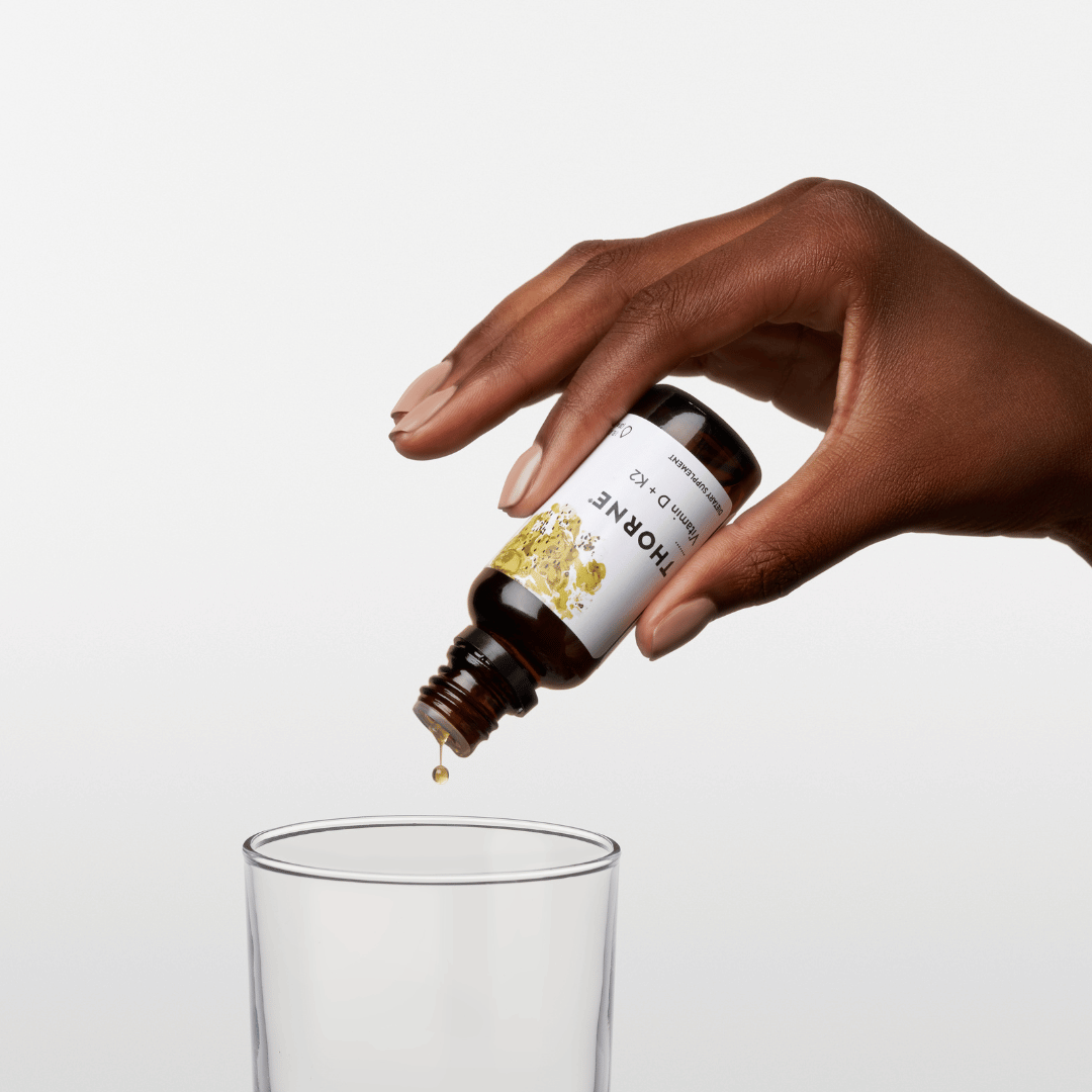 Thorne Vitamin D + K2 Liquid by Thorne, liquid vitamin D3 and vitamin K2 supplement in a dropper bottle