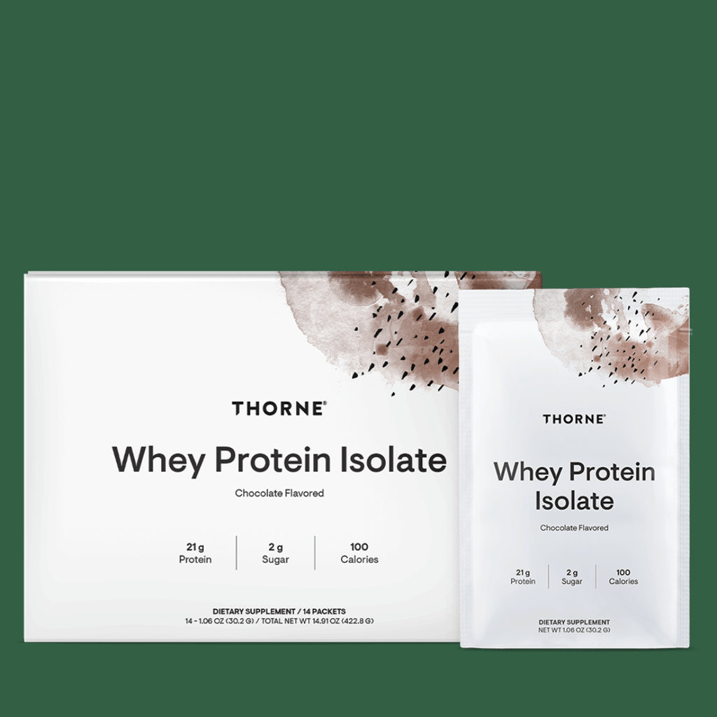 Thorne Whey Protein Isolate by Thorne, Chocolate/Vanilla whey protein isolate powder sachets, single-serve sports nutrition supplement