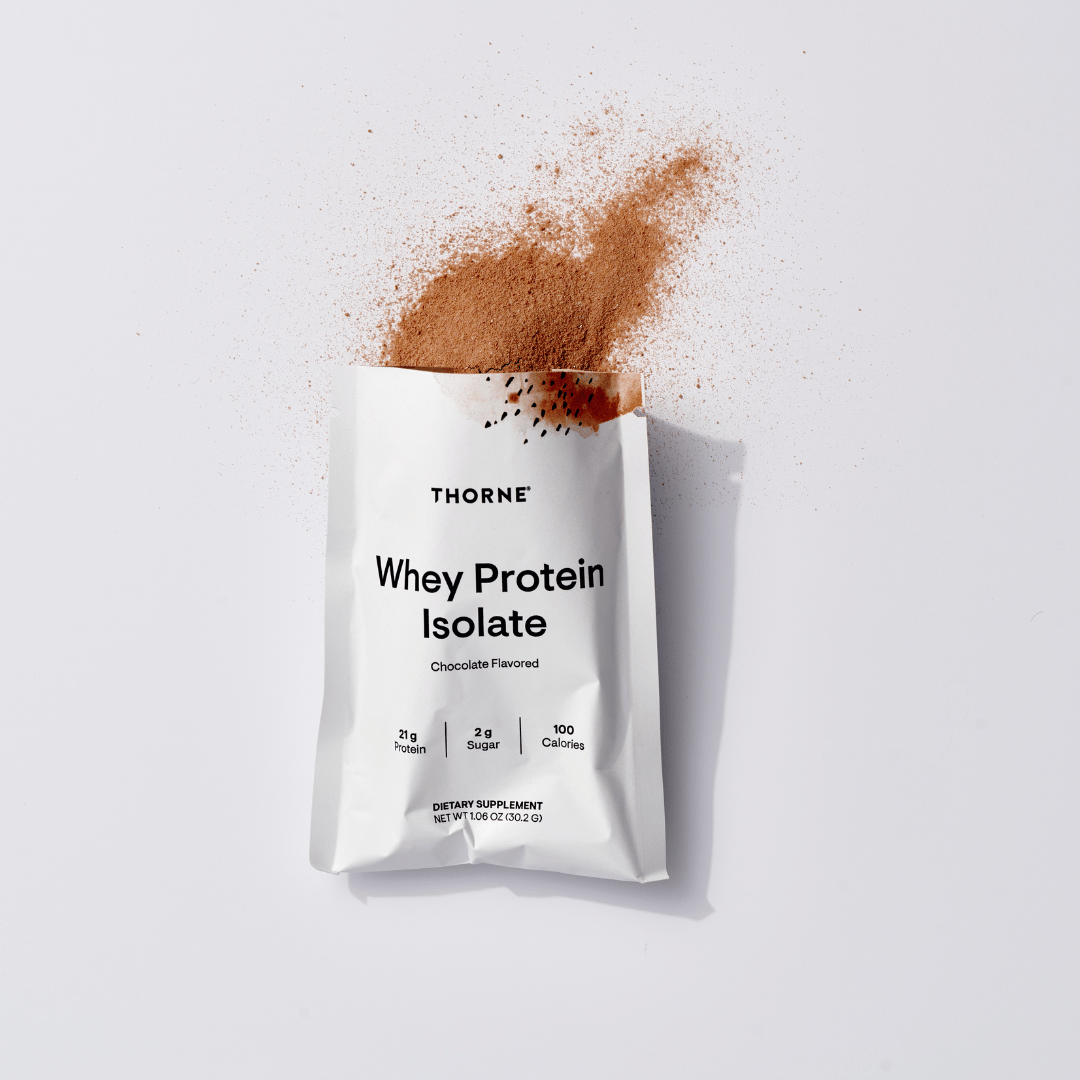 Thorne Whey Protein Isolate by Thorne, Chocolate/Vanilla whey protein isolate powder sachets, single-serve sports nutrition supplement