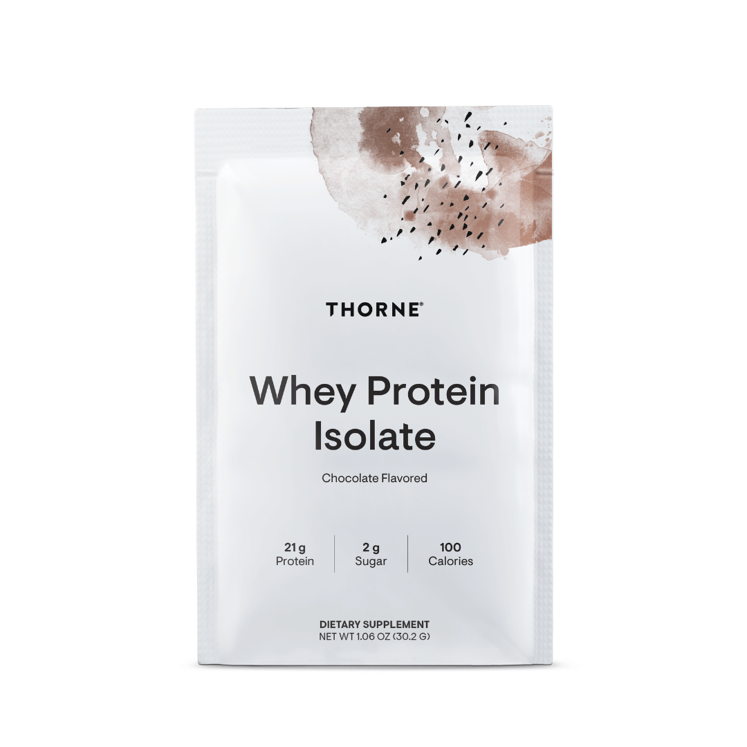 Thorne Whey Protein Isolate by Thorne, Chocolate/Vanilla whey protein isolate powder sachets, single-serve sports nutrition supplement