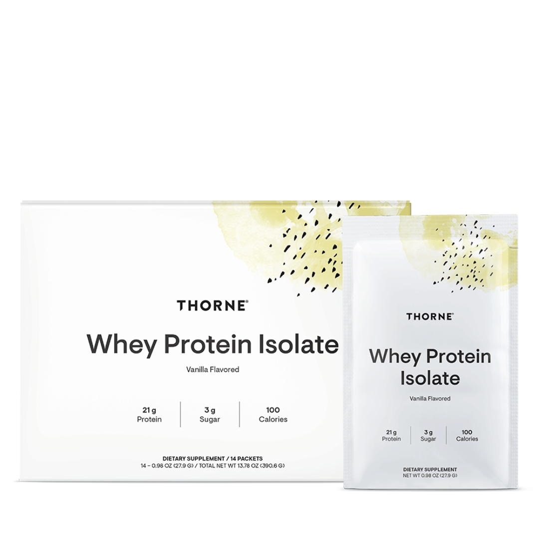 Thorne Whey Protein Isolate by Thorne, Chocolate/Vanilla whey protein isolate powder sachets, single-serve sports nutrition supplement
