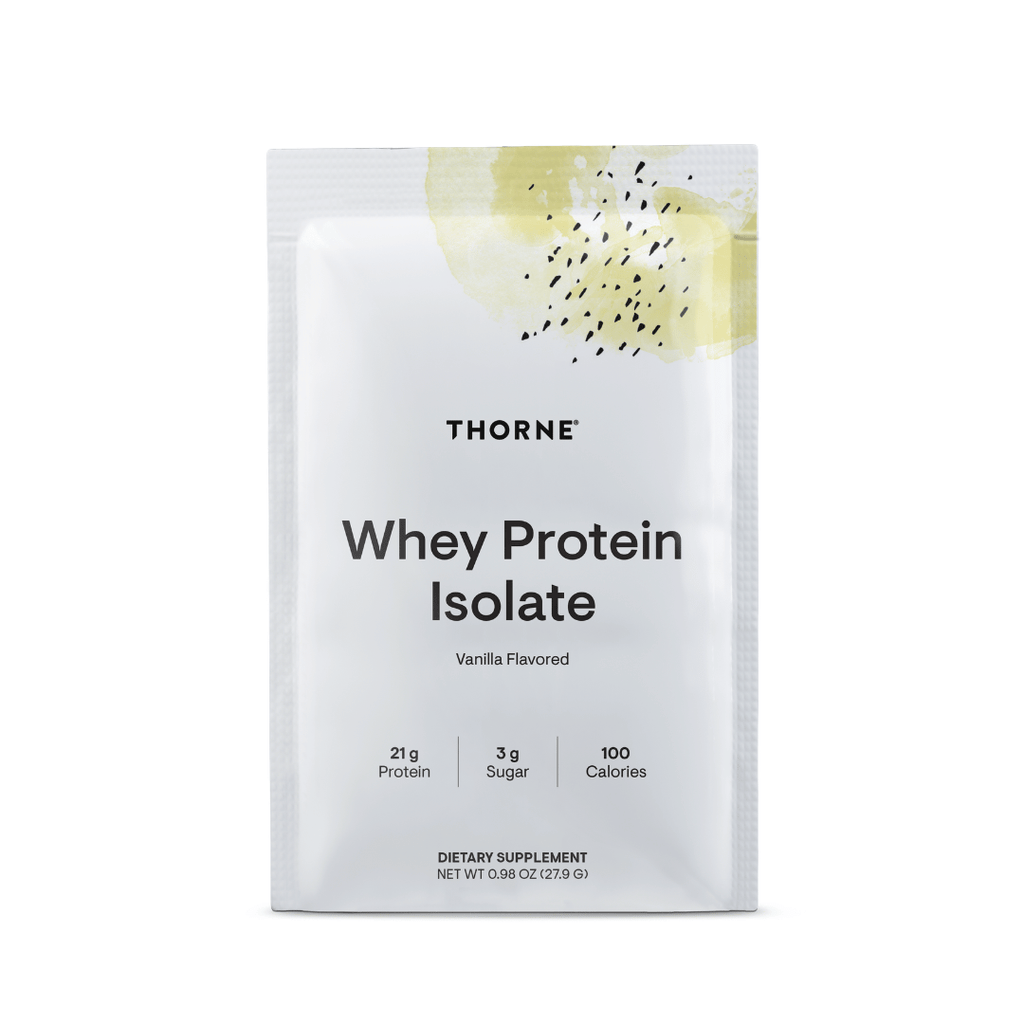 Thorne Whey Protein Isolate by Thorne, Chocolate/Vanilla whey protein isolate powder sachets, single-serve sports nutrition supplement
