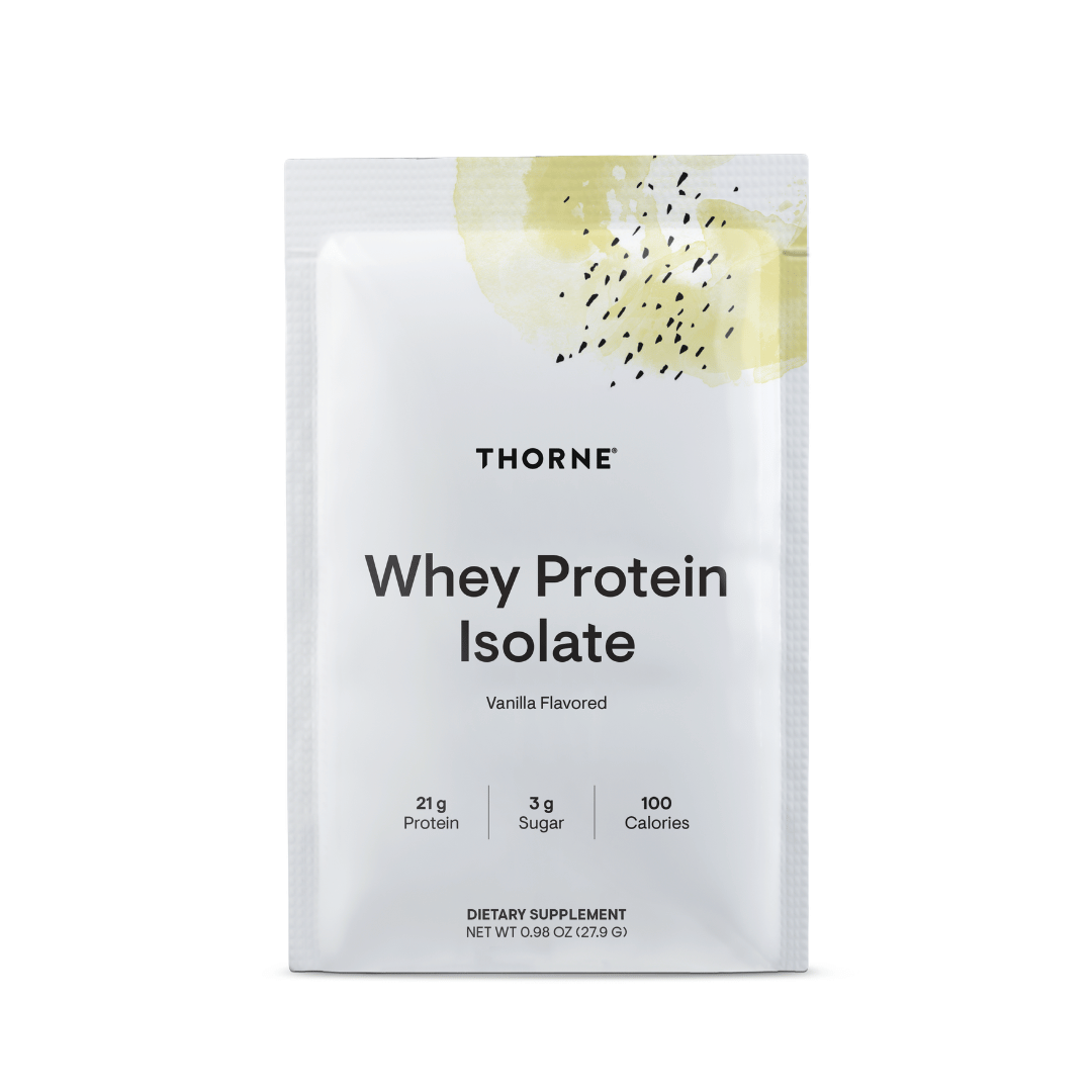 Thorne Whey Protein Isolate by Thorne, Chocolate/Vanilla whey protein isolate powder sachets, single-serve sports nutrition supplement