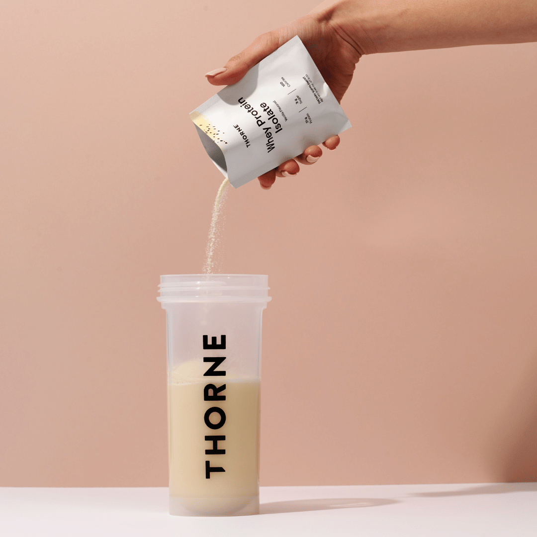 Thorne Whey Protein Isolate by Thorne, Chocolate/Vanilla whey protein isolate powder sachets, single-serve sports nutrition supplement