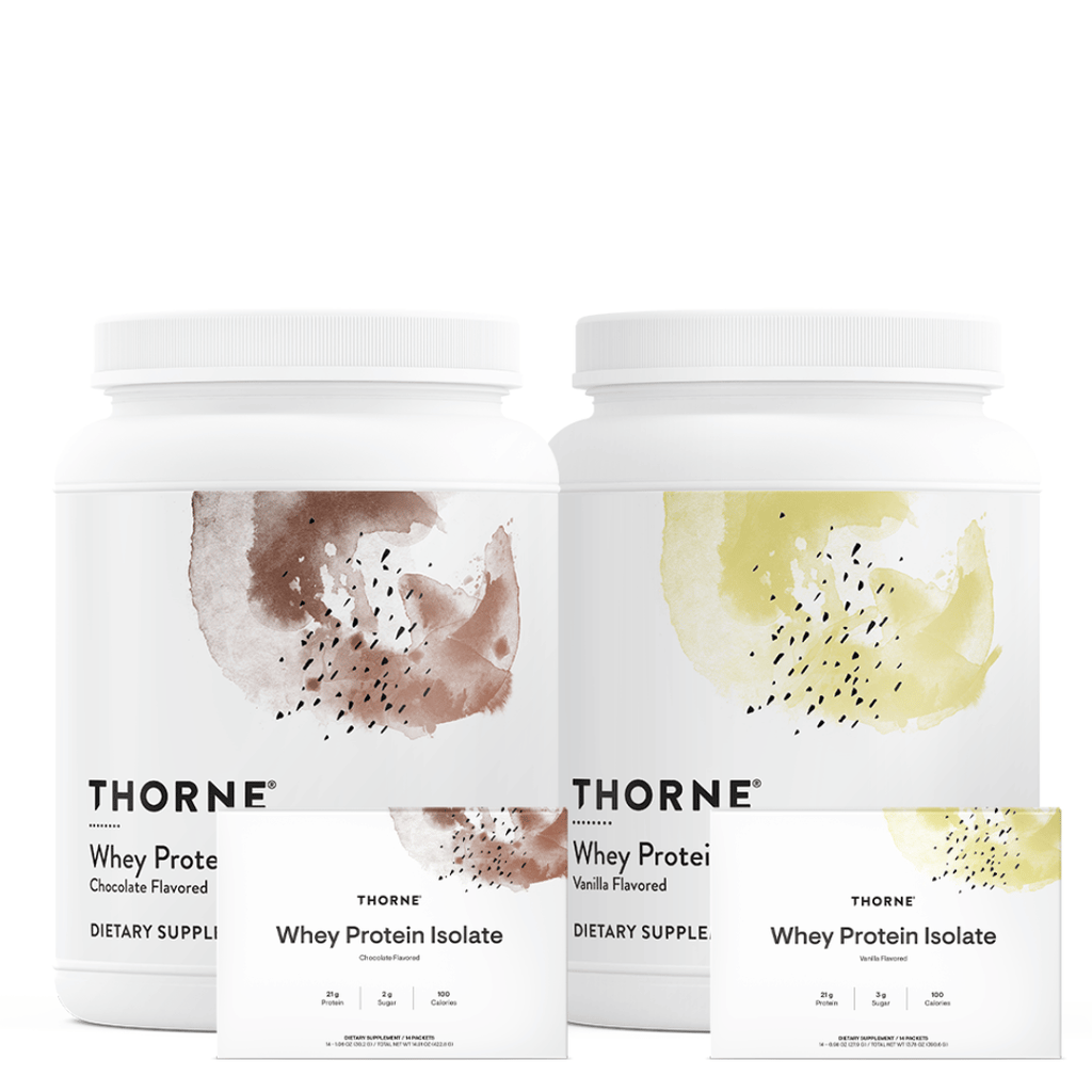Thorne Whey Protein Isolate by Thorne, Chocolate/Vanilla whey protein isolate powder, 900 g tub sports nutrition supplement