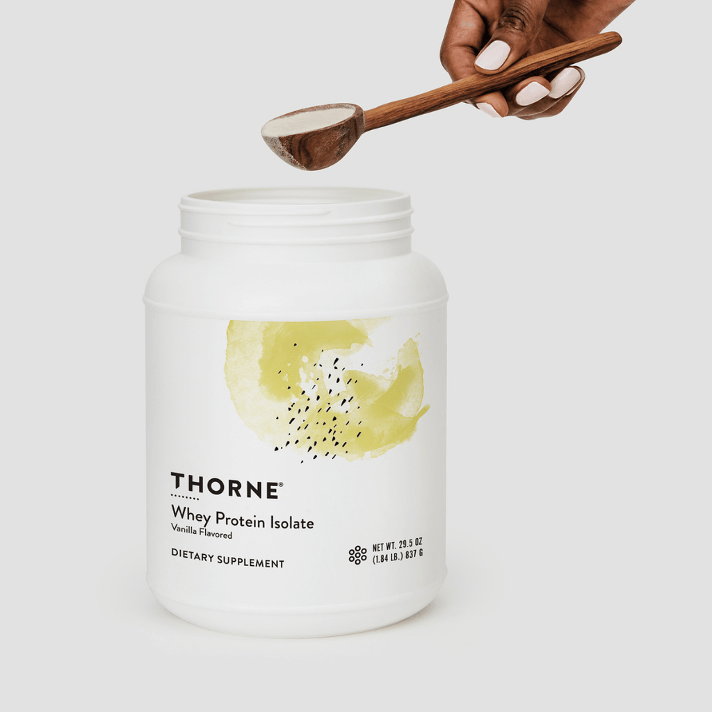Thorne Whey Protein Isolate by Thorne, Chocolate/Vanilla whey protein isolate powder, 900 g tub sports nutrition supplement