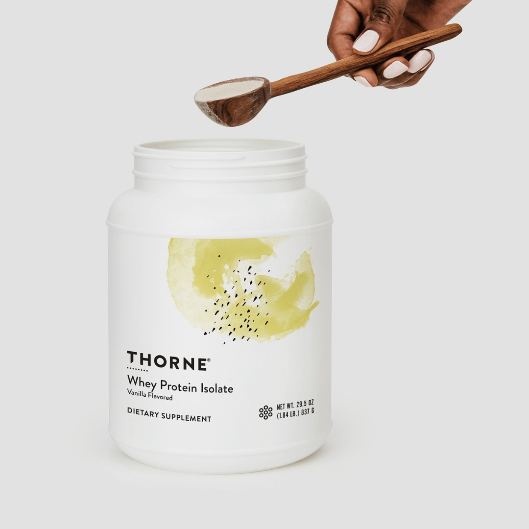 Thorne Whey Protein Isolate by Thorne, Chocolate/Vanilla whey protein isolate powder, 900 g tub sports nutrition supplement