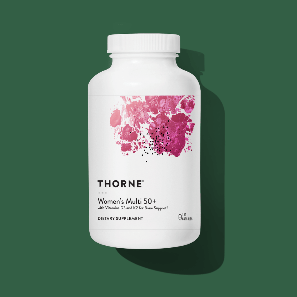 Thorne Women's Multi 50+ by Thorne, 180 capsule multivitamin supplement for women over 50 in a premium bottle