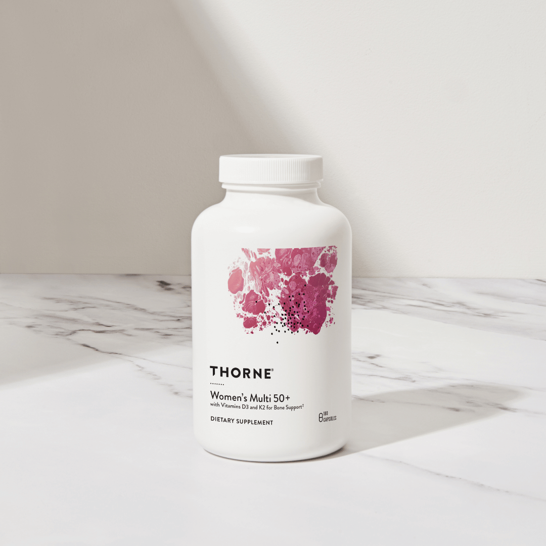 Thorne Women's Multi 50+ by Thorne, 180 capsule multivitamin supplement for women over 50 in a premium bottle