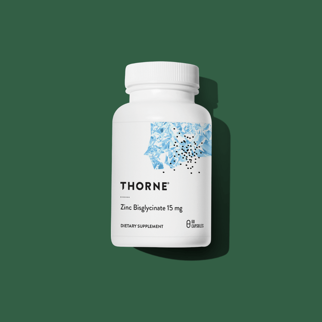Thorne Zinc Bisglycinate 15 mg by Thorne, 60 capsule zinc supplement in a premium bottle