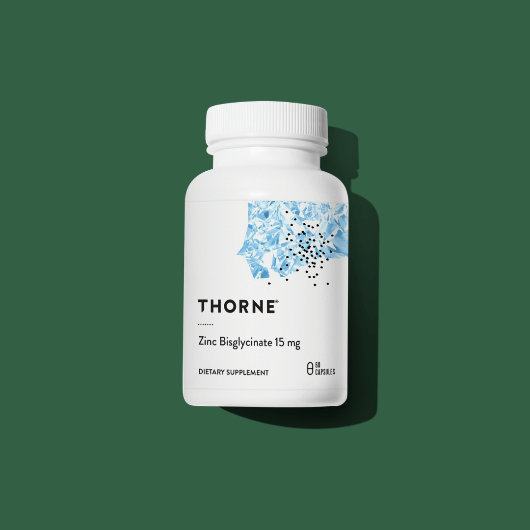 Thorne Zinc Bisglycinate 15 mg by Thorne, 60 capsule zinc supplement in a premium bottle