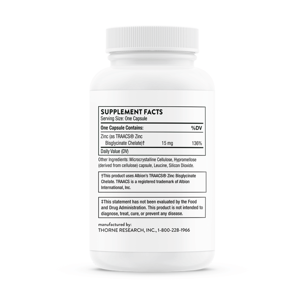Thorne Zinc Bisglycinate 15 mg by Thorne, 60 capsule zinc supplement in a premium bottle