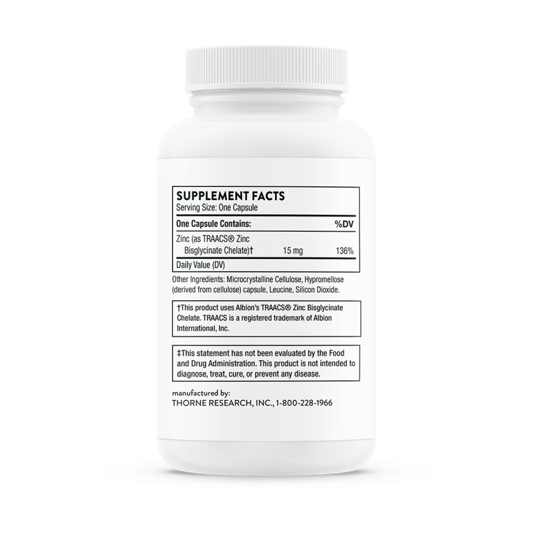 Thorne Zinc Bisglycinate 15 mg by Thorne, 60 capsule zinc supplement in a premium bottle