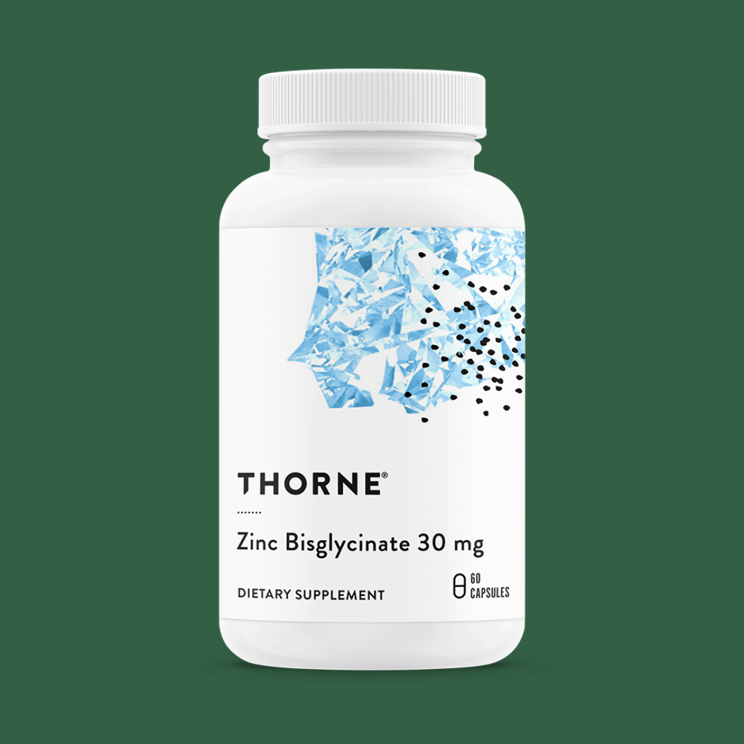 Thorne Zinc Bisglycinate 30 mg by Thorne, 60 capsule zinc supplement in a premium bottle