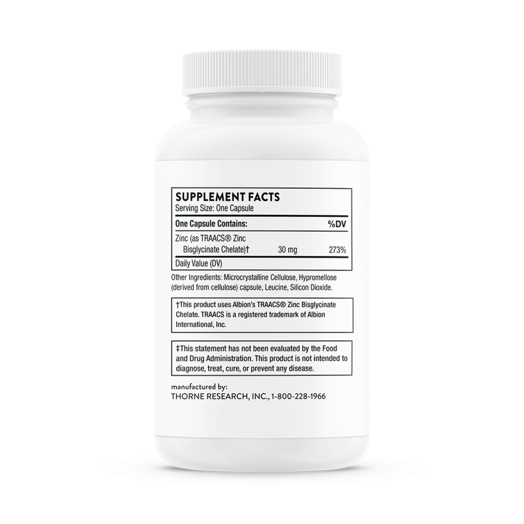 Thorne Zinc Bisglycinate 30 mg by Thorne, 60 capsule zinc supplement in a premium bottle