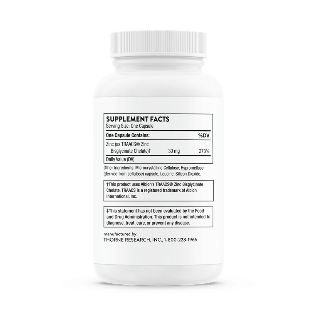 Thorne Zinc Bisglycinate 30 mg by Thorne, 60 capsule zinc supplement in a premium bottle