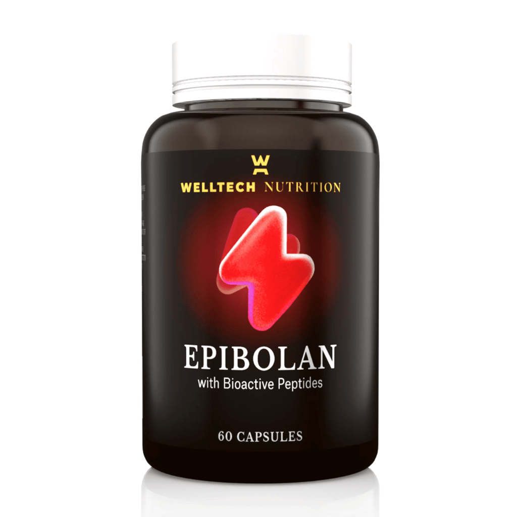 Welltech Epibolan Capsules containing diosgenin, laxogenin, epicatechin and naturally derived bioactive peptides.