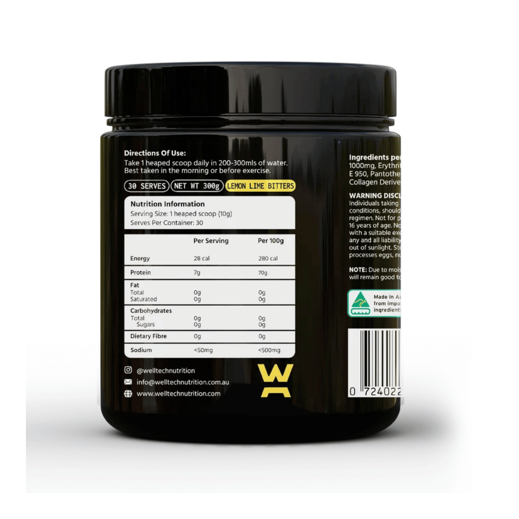 WellTech GH Pept Powder containing glutamine, taurine, lysine, salicin, quinine, manganese and collagen-derived peptide.