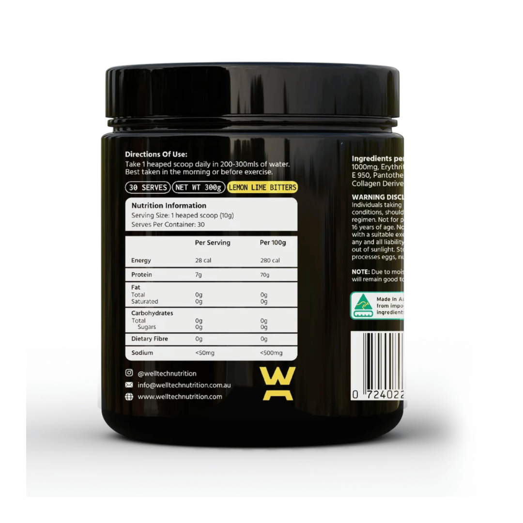 WellTech GH Pept Powder containing glutamine, taurine, lysine, salicin, quinine, manganese and collagen-derived peptide.