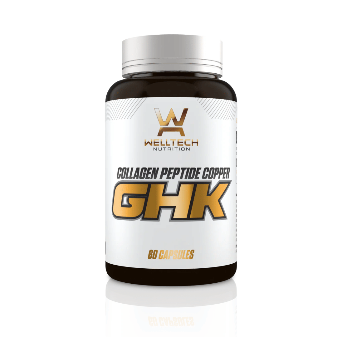 WellTech GHK-Cu Capsules providing 3 mg of GHK-Cu copper peptide per capsule in a 60-capsule bottle.
