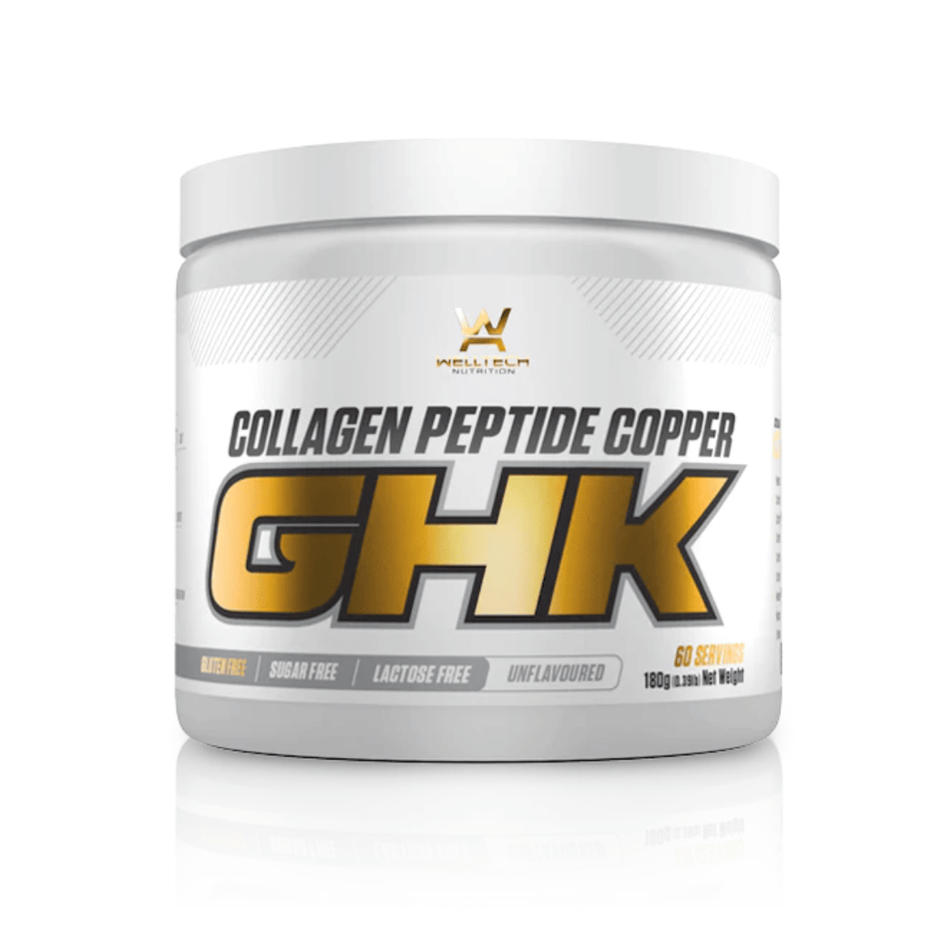 WellTech GHK-Cu Powder with hydrolysed bovine collagen, copper peptide, vitamin C, vitamin D and calcium.
